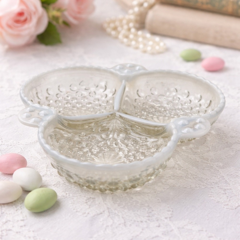 Vintage Milk Glass Hobnail Divided Candy Dish Opalescent Relish Bowl